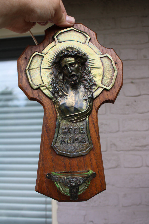 Antique French crucifix holy water font ecce homo wall plaque