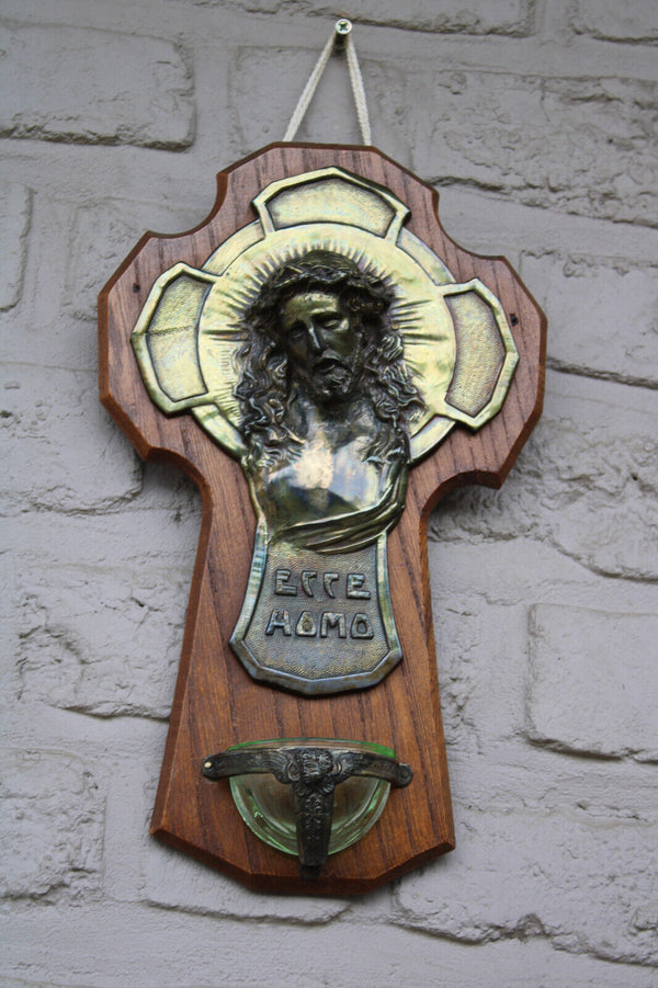 Antique French crucifix holy water font ecce homo wall plaque