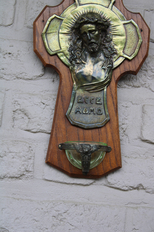 Antique French crucifix holy water font ecce homo wall plaque