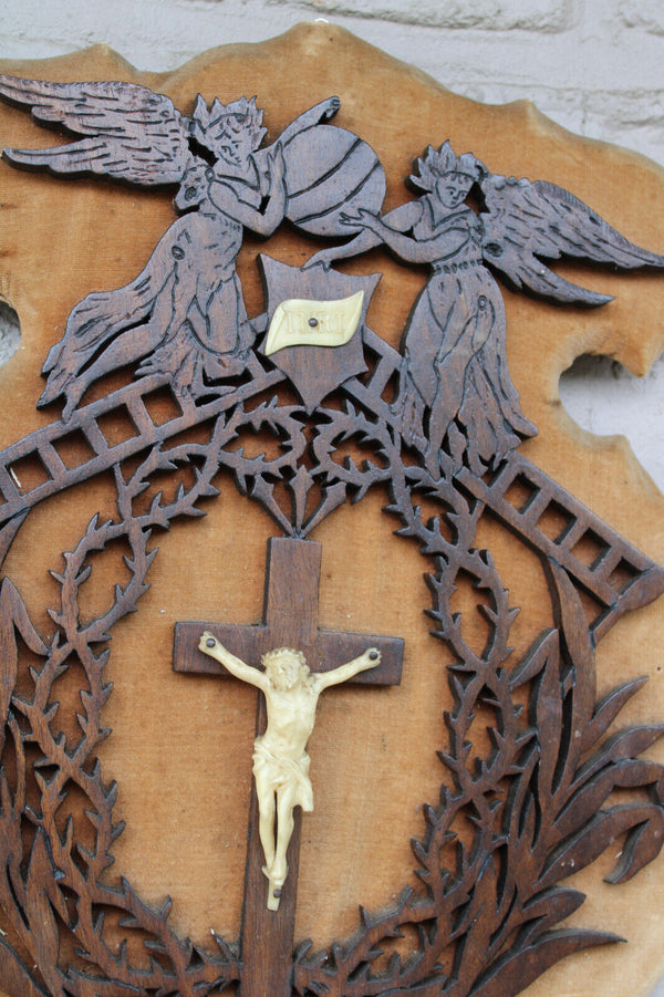 Antique French holy water font crucifix religious wall plaque archangels wood