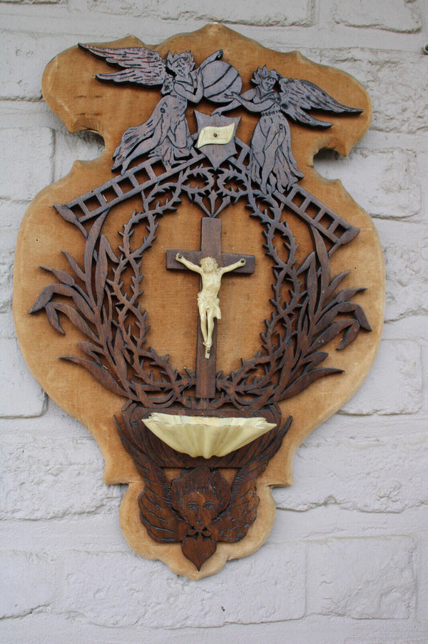 Antique French holy water font crucifix religious wall plaque archangels wood