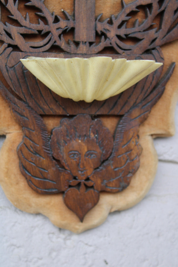 Antique French holy water font crucifix religious wall plaque archangels wood