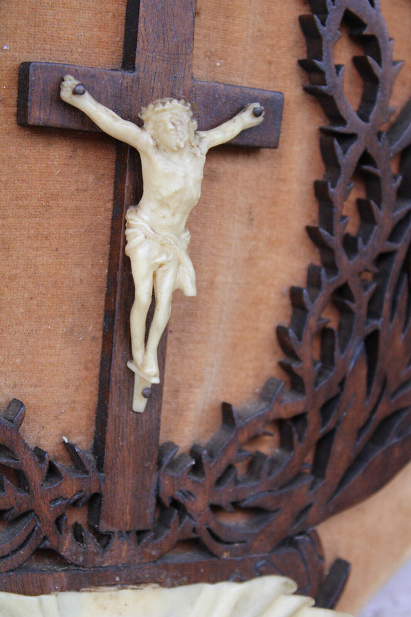 Antique French holy water font crucifix religious wall plaque archangels wood