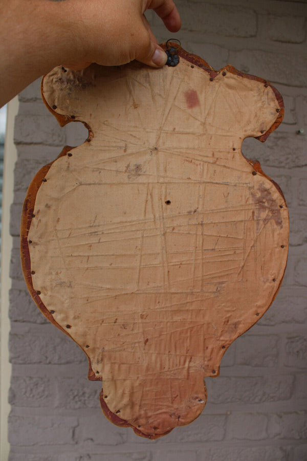 Antique French holy water font crucifix religious wall plaque archangels wood