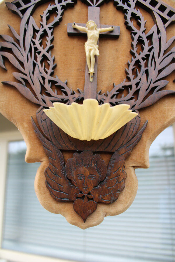 Antique French holy water font crucifix religious wall plaque archangels wood