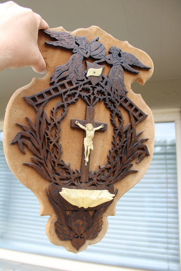Antique French holy water font crucifix religious wall plaque archangels wood