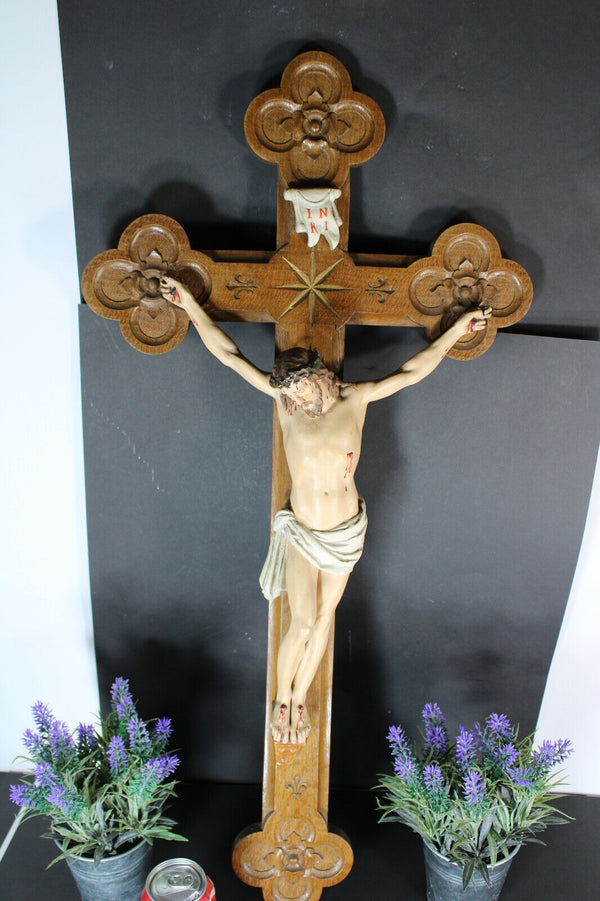 Antique XL 1927 signed Crucifix Wood carved chalk corpus christ rare