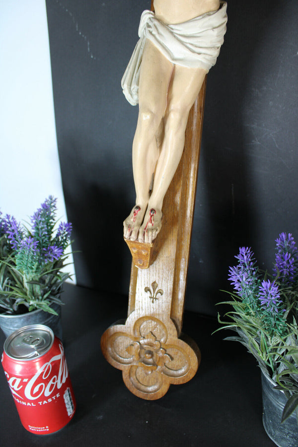 Antique XL 1927 signed Crucifix Wood carved chalk corpus christ rare