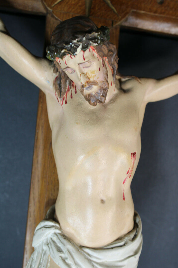 Antique XL 1927 signed Crucifix Wood carved chalk corpus christ rare