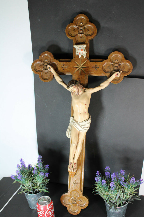 Antique XL 1927 signed Crucifix Wood carved chalk corpus christ rare
