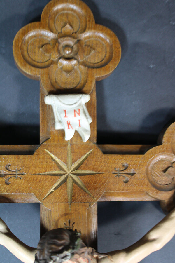 Antique XL 1927 signed Crucifix Wood carved chalk corpus christ rare