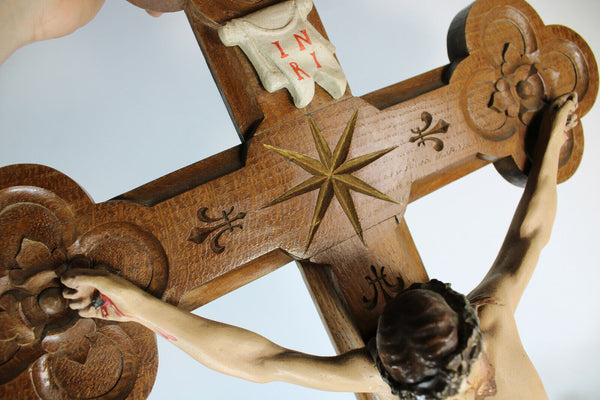 Antique XL 1927 signed Crucifix Wood carved chalk corpus christ rare