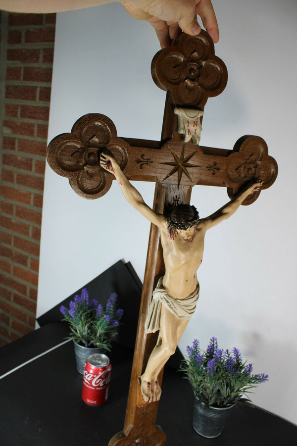 Antique XL 1927 signed Crucifix Wood carved chalk corpus christ rare
