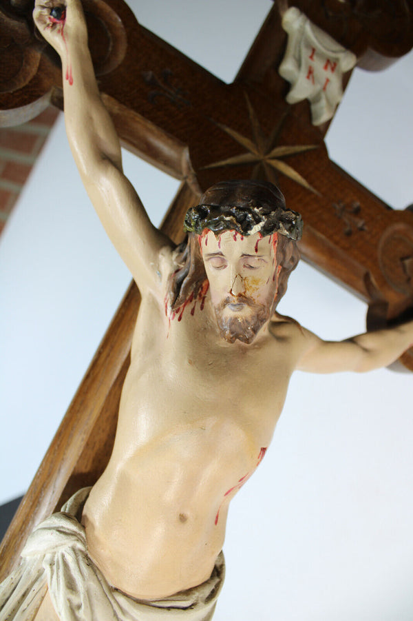 Antique XL 1927 signed Crucifix Wood carved chalk corpus christ rare