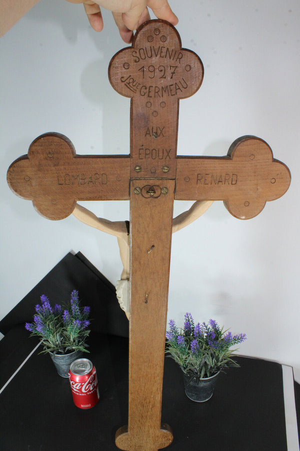Antique XL 1927 signed Crucifix Wood carved chalk corpus christ rare