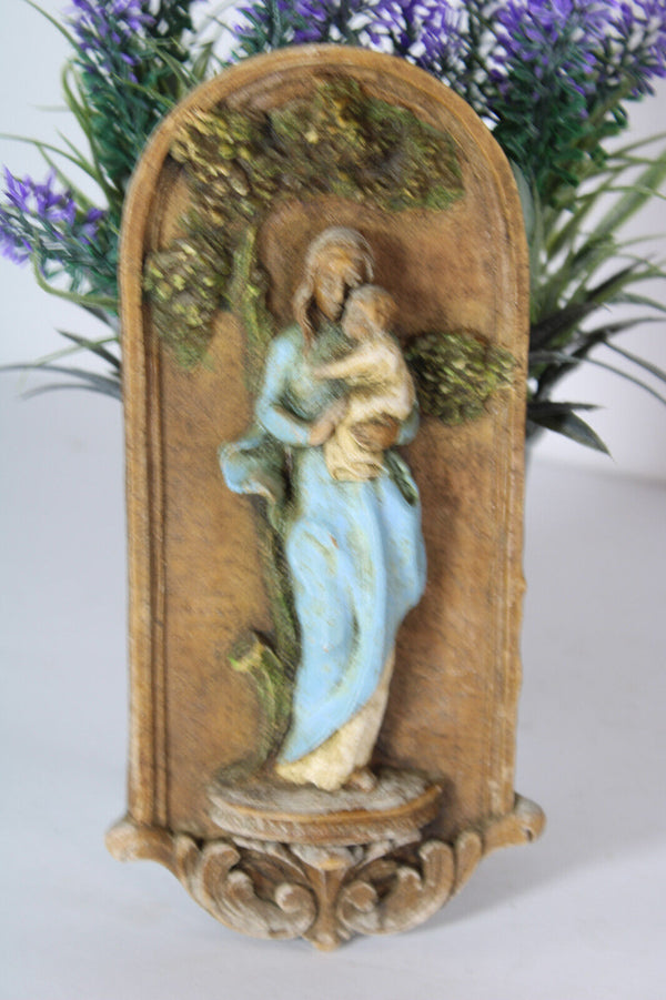 Religious wall plaque ceramic madonna relief tree belgian 1950s