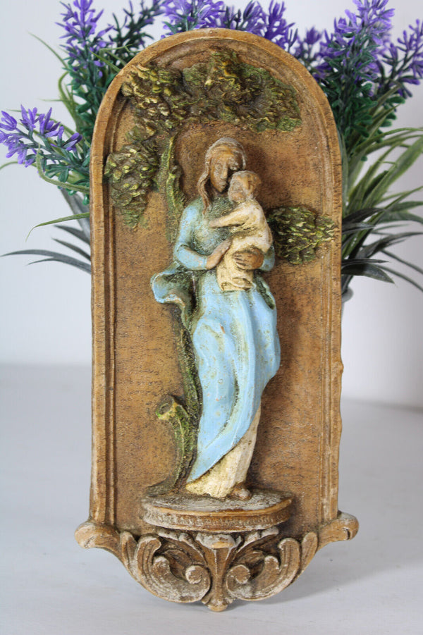 Religious wall plaque ceramic madonna relief tree belgian 1950s