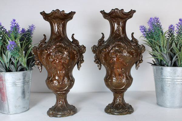 PAIR spelter putti cherub figural vases