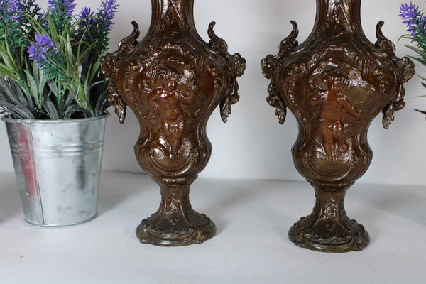 PAIR spelter putti cherub figural vases