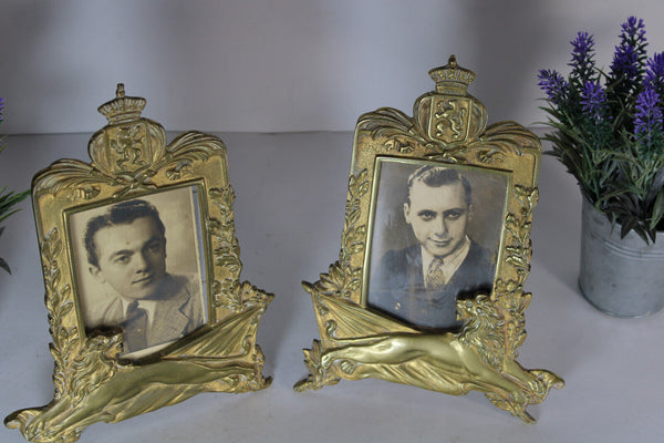 PAIR antique french picture photo frames heraldic lion emblem shield 1900s
