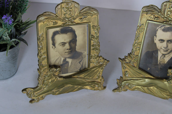 PAIR antique french picture photo frames heraldic lion emblem shield 1900s
