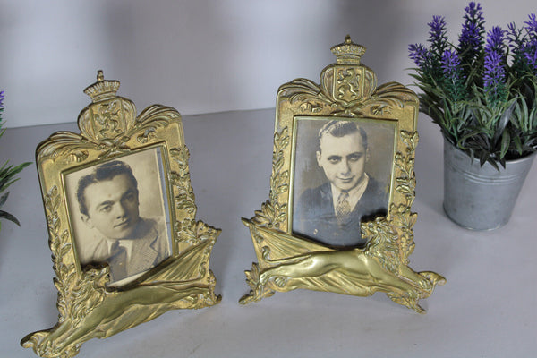 PAIR antique french picture photo frames heraldic lion emblem shield 1900s