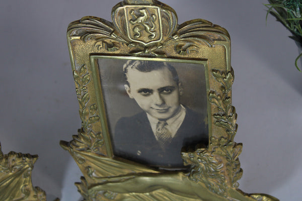 PAIR antique french picture photo frames heraldic lion emblem shield 1900s