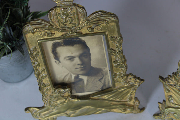 PAIR antique french picture photo frames heraldic lion emblem shield 1900s