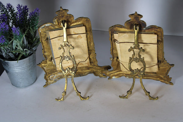 PAIR antique french picture photo frames heraldic lion emblem shield 1900s