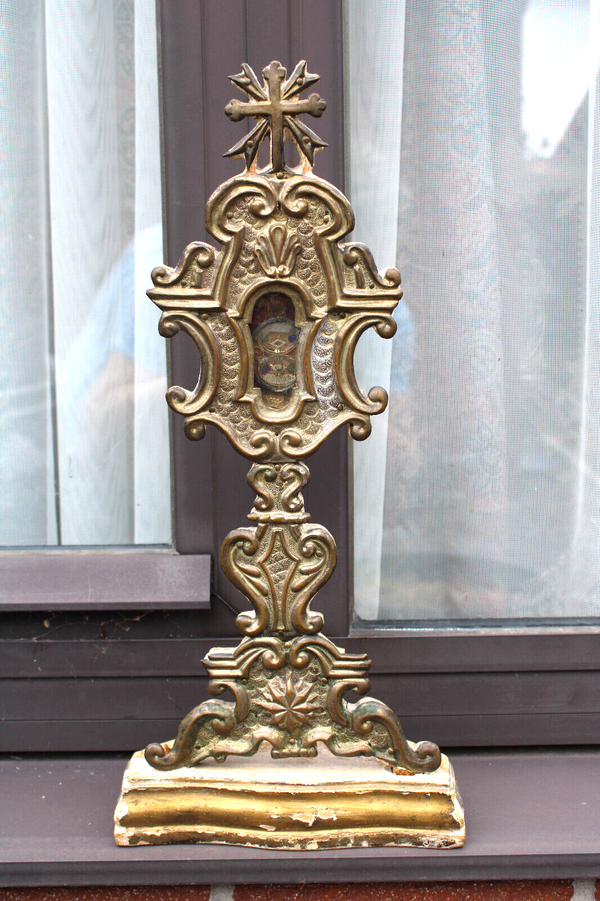 Antique 1800s italian 2 relic marcus holder stand wood carved church crucifix