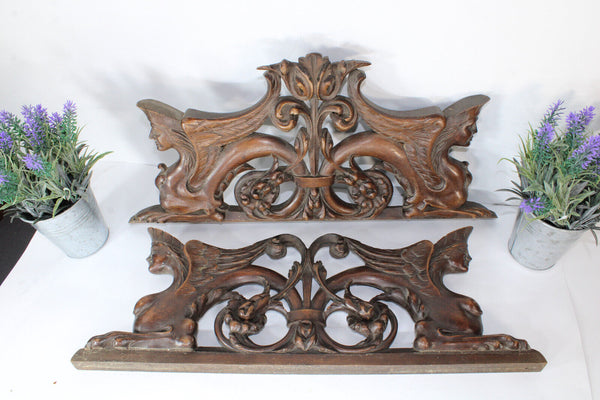 pair antique wood carved pediment sphinx figurine rare