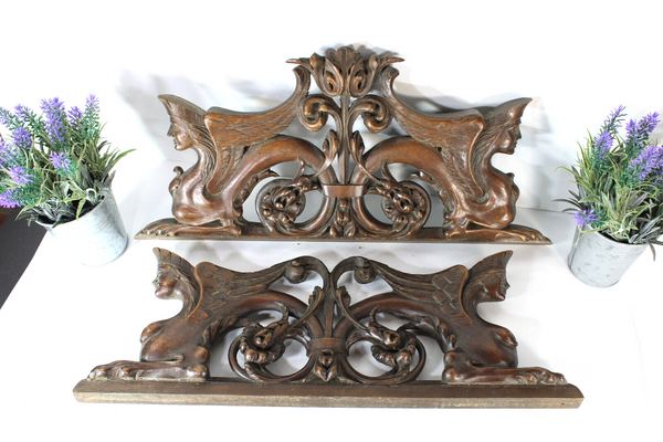 pair antique wood carved pediment sphinx figurine rare