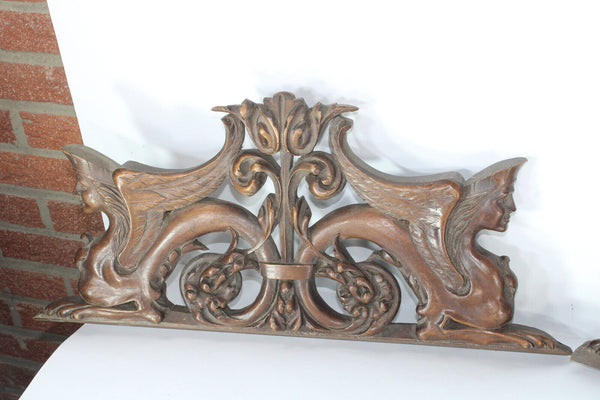 pair antique wood carved pediment sphinx figurine rare