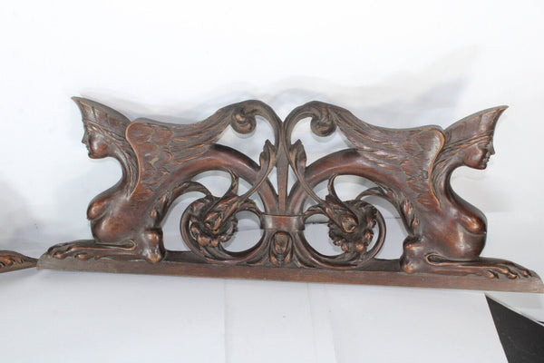 pair antique wood carved pediment sphinx figurine rare