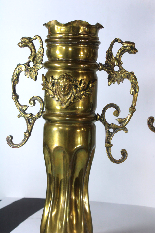 Antique Flanders copper army shell carved dragons caryatid Mantel clock set rare