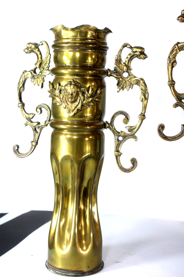 Antique Flanders copper army shell carved dragons caryatid Mantel clock set rare