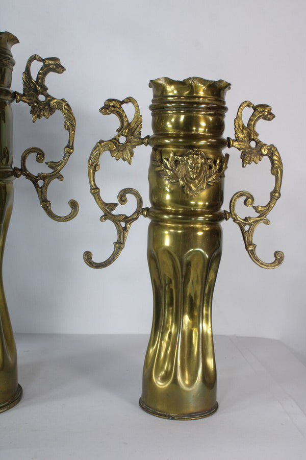Antique Flanders copper army shell carved dragons caryatid Mantel clock set rare