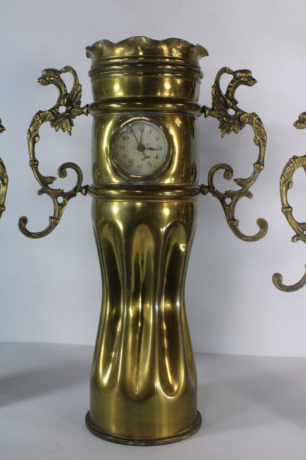 Antique Flanders copper army shell carved dragons caryatid Mantel clock set rare
