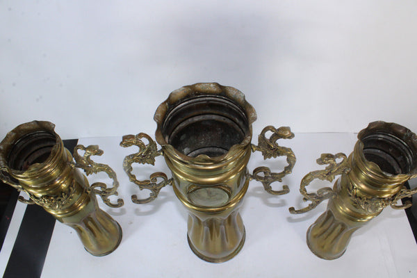 Antique Flanders copper army shell carved dragons caryatid Mantel clock set rare
