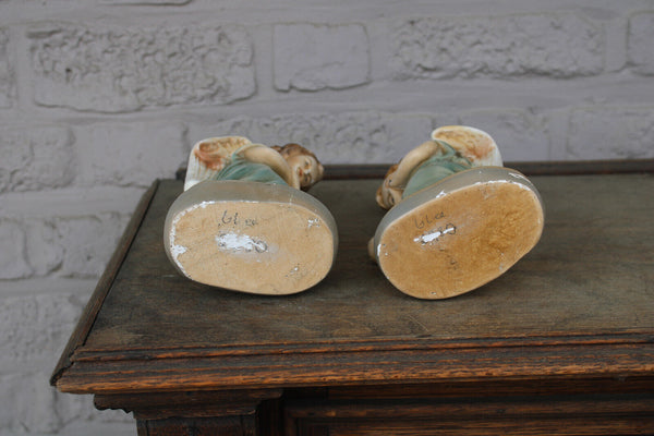 PAIR french chalk Angel religious kneeling figurine statue religious