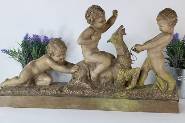 XL Antique ART DECO CIPRIANI signed Terracotta putti cherub figurine goat statue