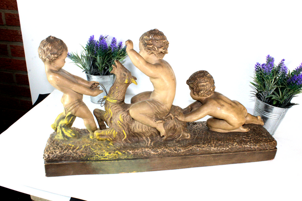 XL Antique ART DECO CIPRIANI signed Terracotta putti cherub figurine goat statue