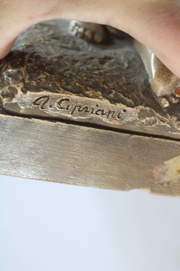 XL Antique ART DECO CIPRIANI signed Terracotta putti cherub figurine goat statue