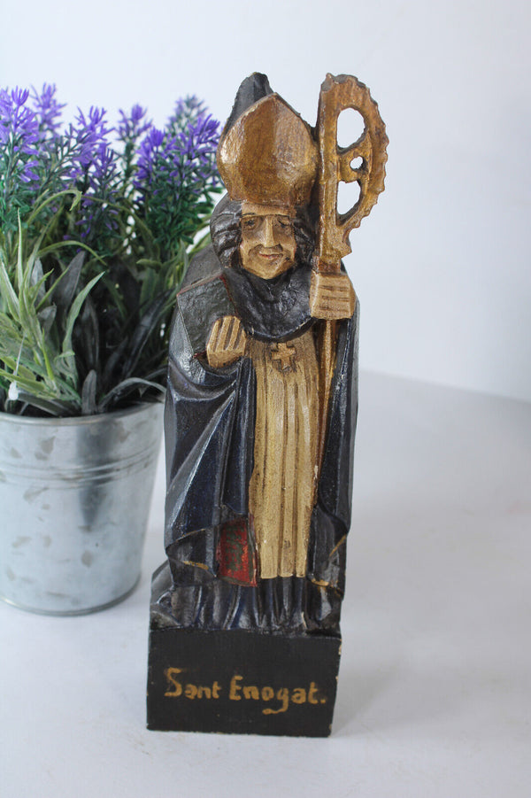 Antique French wood carved saint enogat dinard statue sculpture