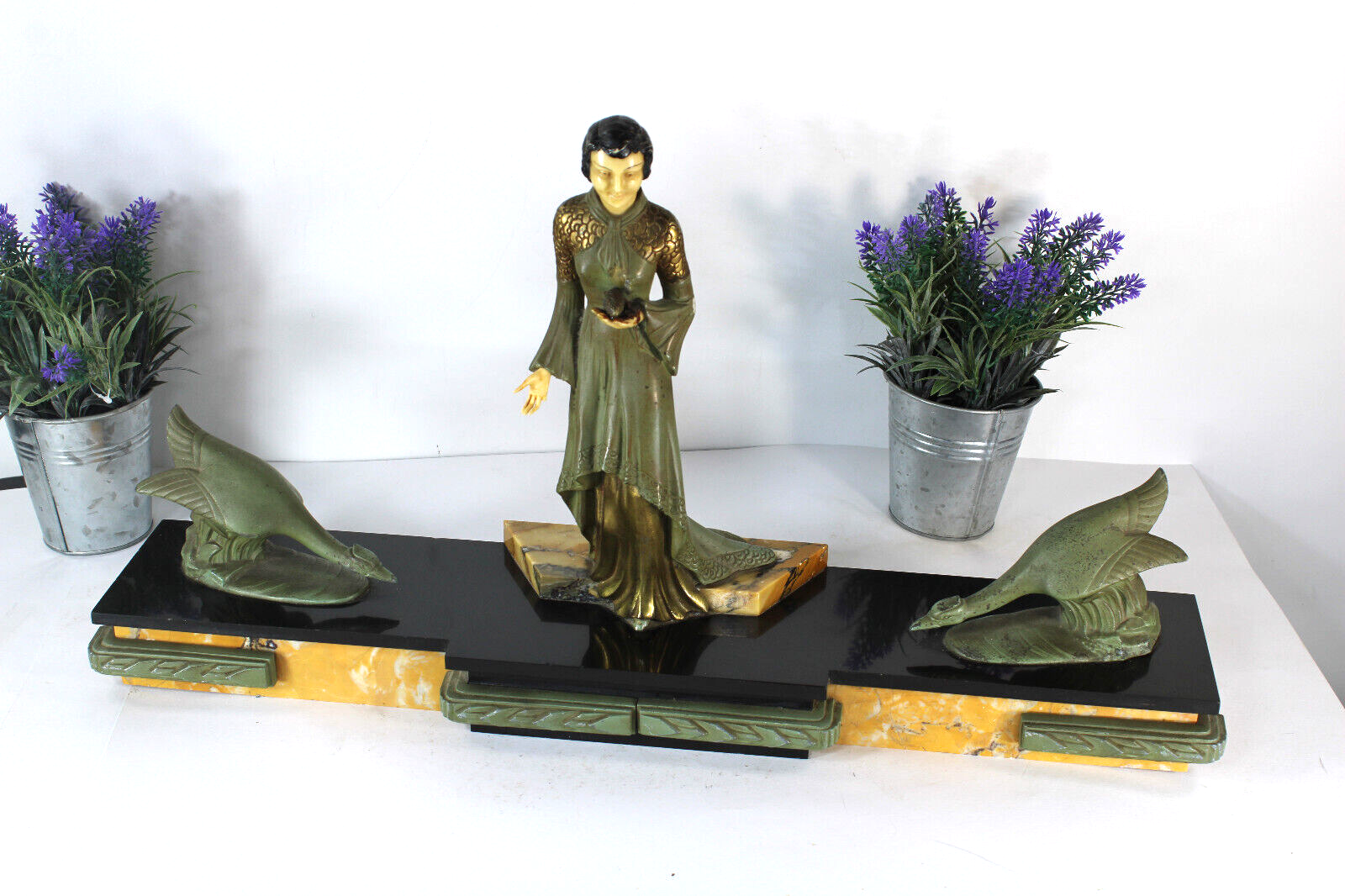 Antique art deco marble spelter lady goose bird sculpture statue