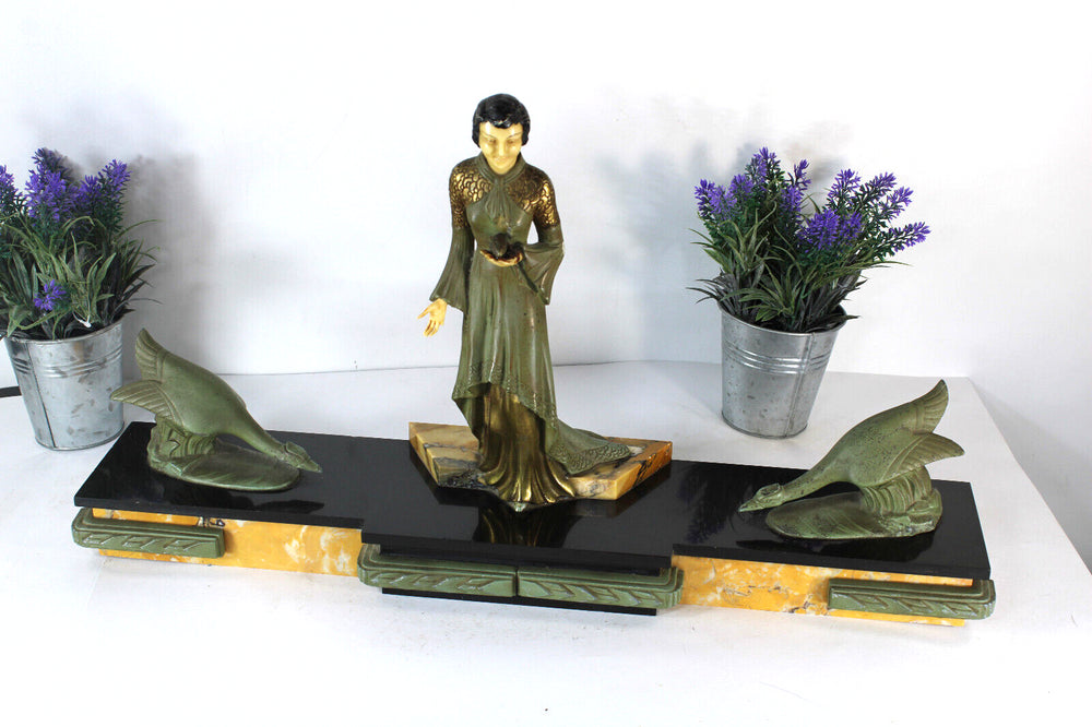 Antique art deco marble spelter lady goose bird sculpture statue
