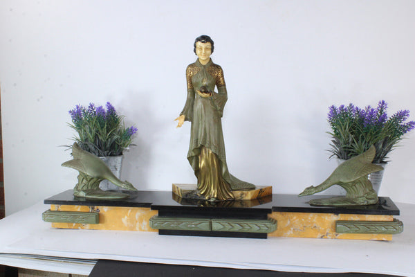 Antique art deco marble spelter lady goose bird sculpture statue