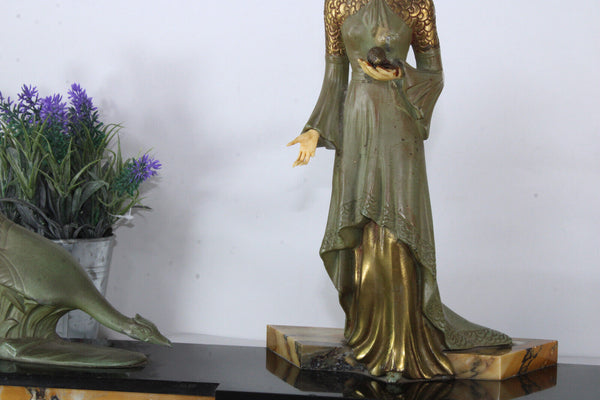 Antique art deco marble spelter lady goose bird sculpture statue