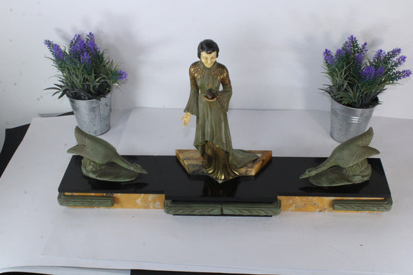 Antique art deco marble spelter lady goose bird sculpture statue