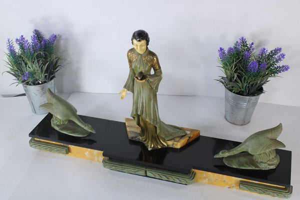 Antique art deco marble spelter lady goose bird sculpture statue